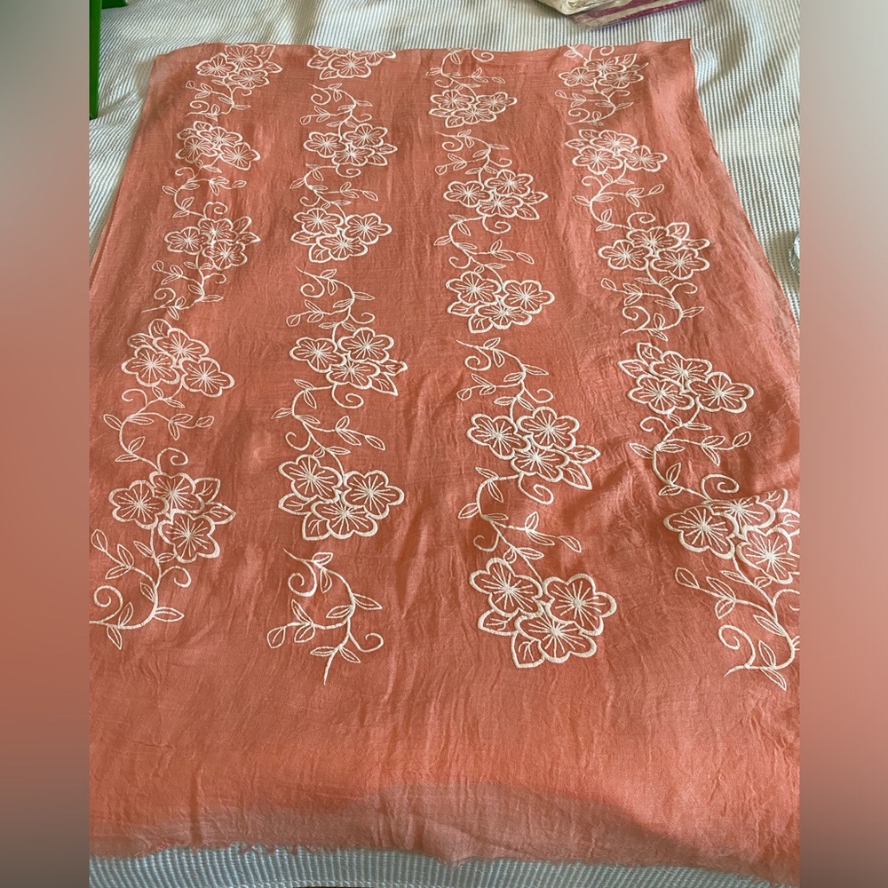 3 for $15! Peachy Pink Scarf with painted white flower details.